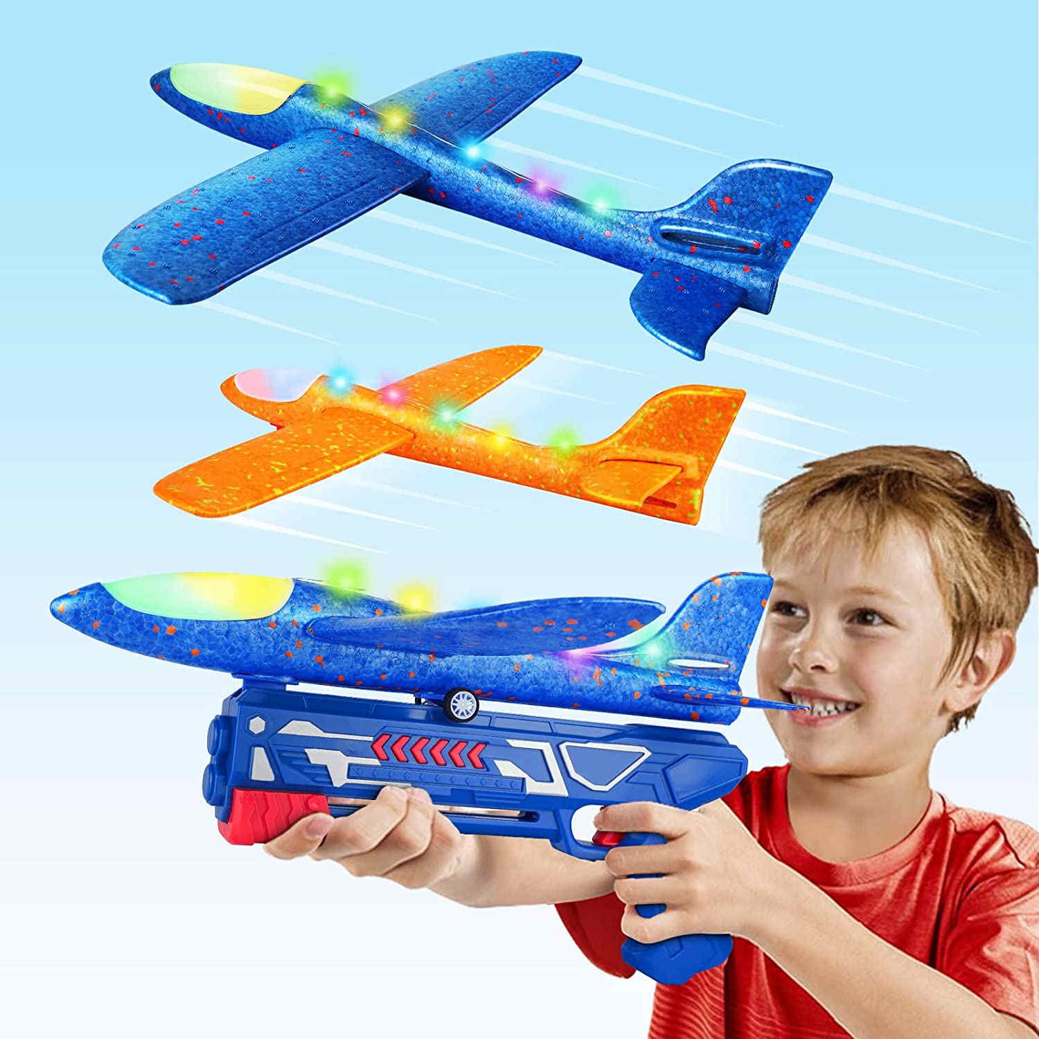 Nehcovbo 2 Pack Airplane Toys with Launcher, 2 Flight Modes LED Foam Glider Catapult Plane Toy, Outdoor Flying Toy for Boys Girls 